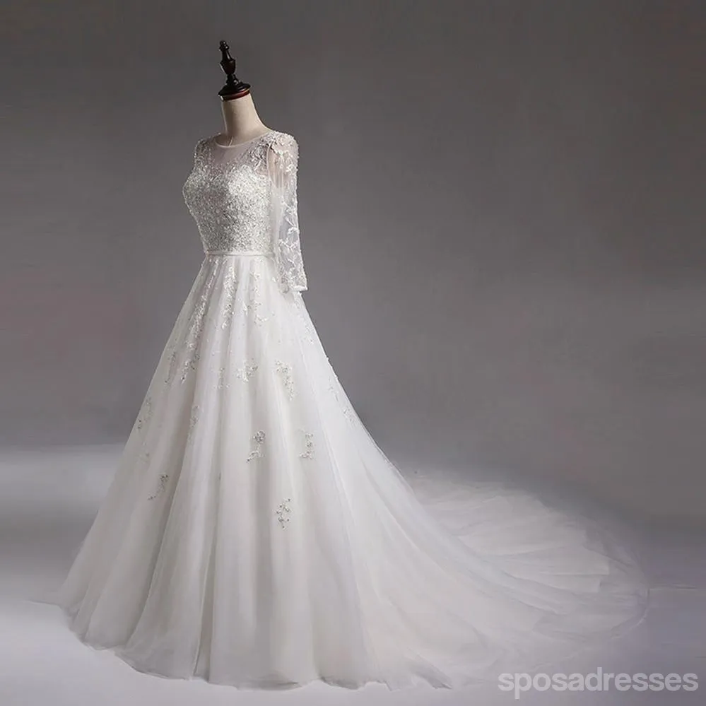 Sexy See Through Long Sleeve Lace A line Wedding Bridal Dresses, Affordable Custom Made Wedding Bridal Dresses, WD266