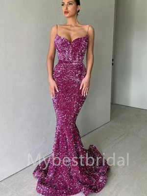 Sexy V-neck Spaghetti straps Sleeveless Mermaid Prom Dresses, PDS0434