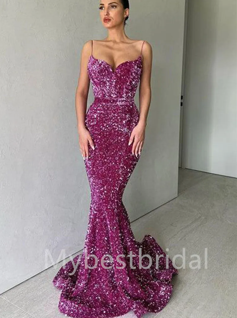 Sexy V-neck Spaghetti straps Sleeveless Mermaid Prom Dresses, PDS0434