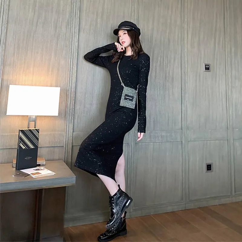Shiny Black Dress Sexy Slim Women Knee Length Dress Solid Elegant Party Dress Night