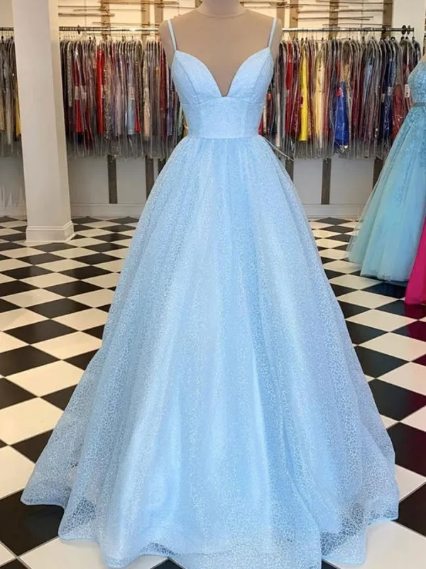 Shiny Sequins V Neck Long Blue Prom with Straps, V Neck Blue Formal Graduation Evening