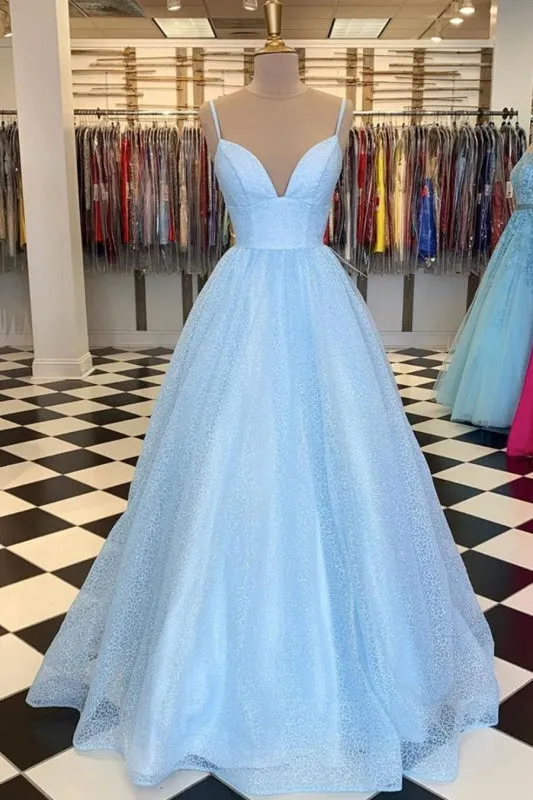 Shiny Sequins V Neck Long Blue Prom with Straps, V Neck Blue Formal Graduation Evening