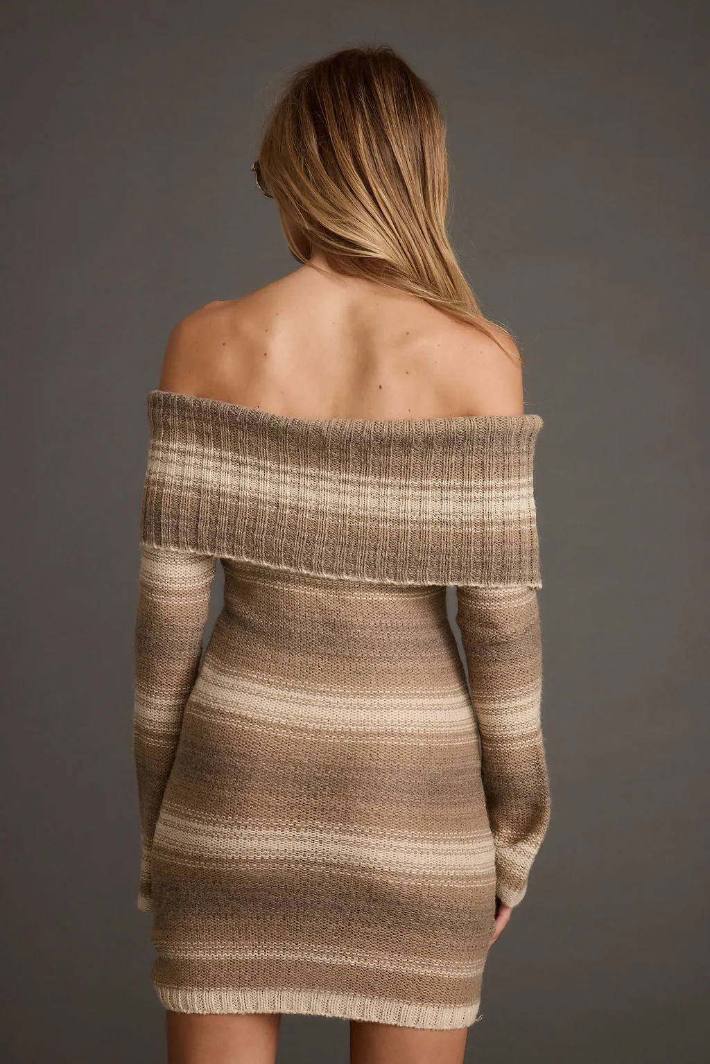 Siena Brown Striped Off the Shoulder Sweater Dress