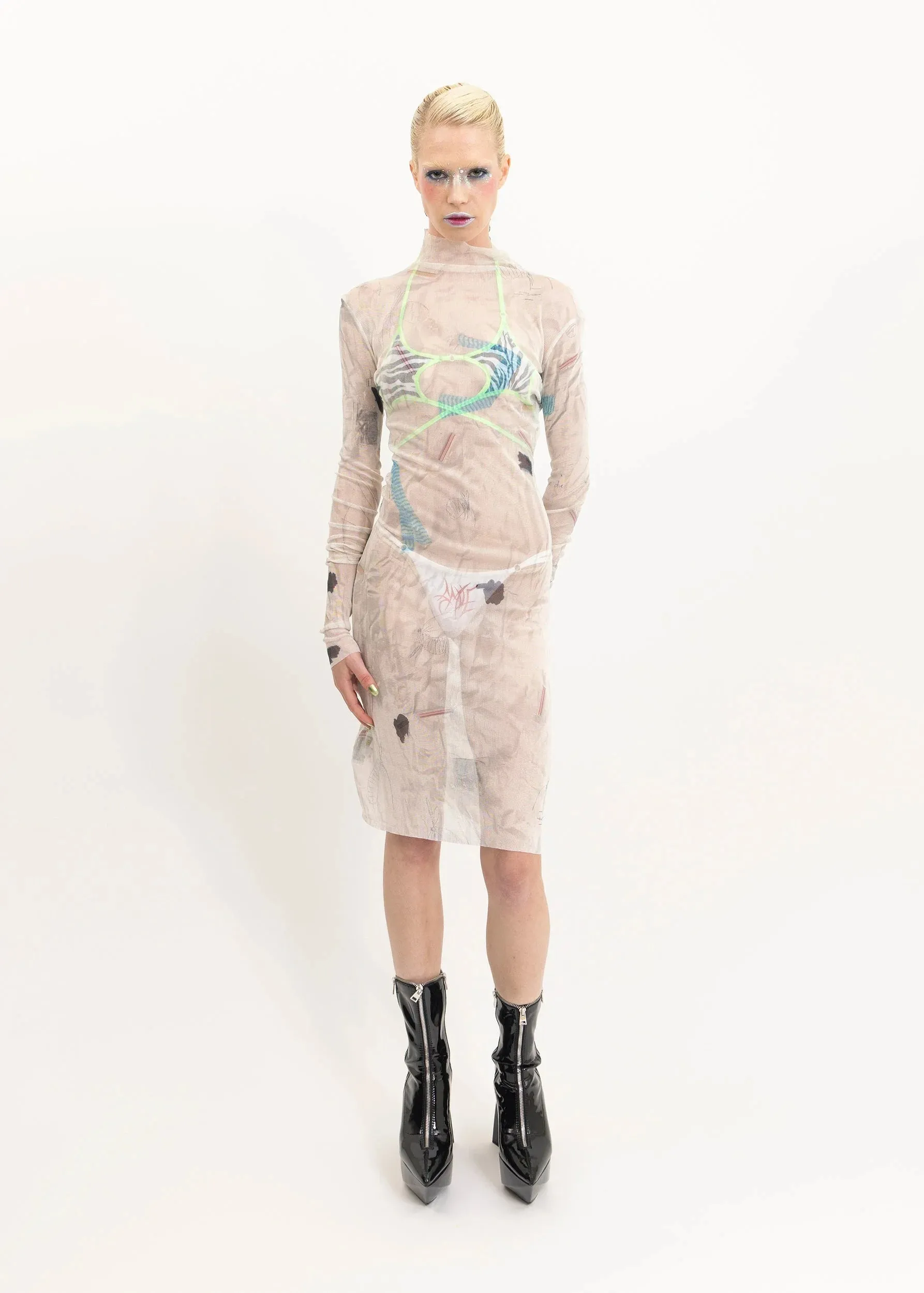 Silk mesh graphic printed mini dress
