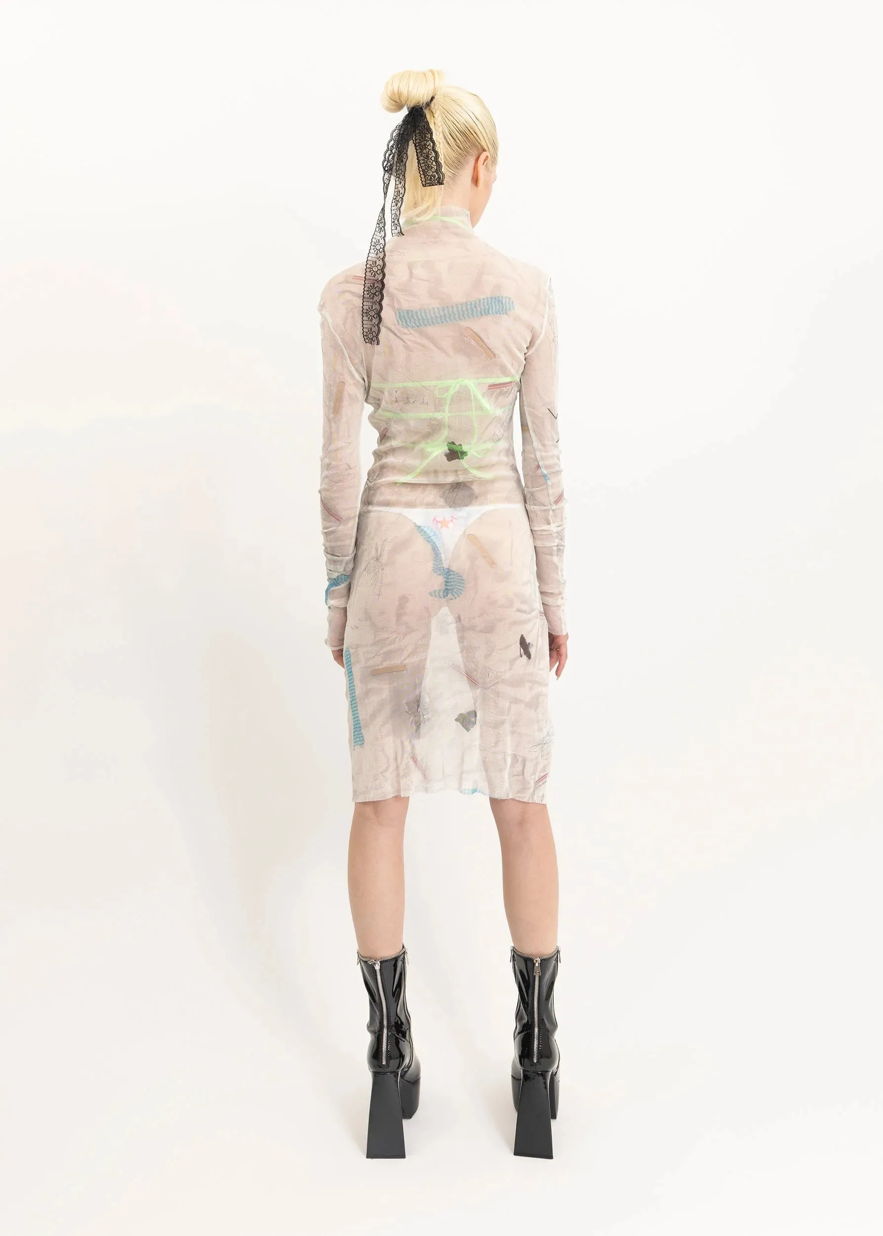 Silk mesh graphic printed mini dress