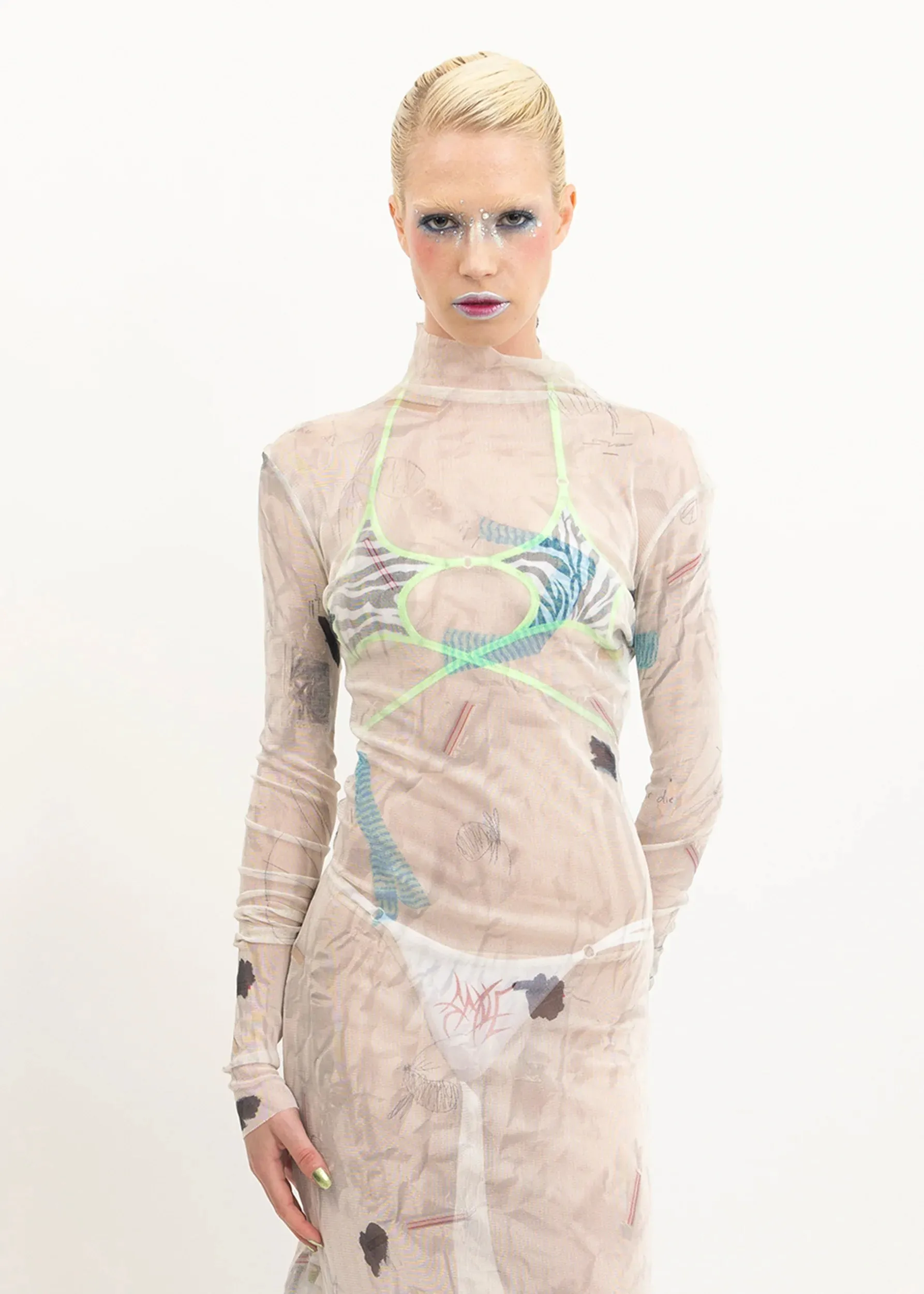 Silk mesh graphic printed mini dress
