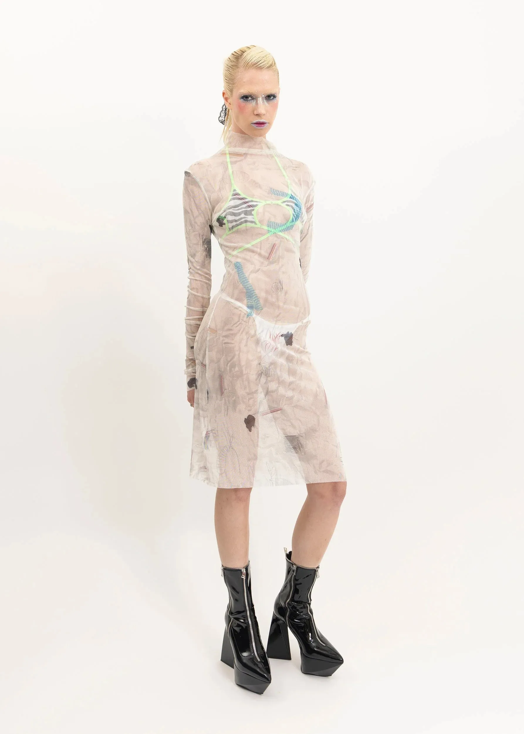 Silk mesh graphic printed mini dress