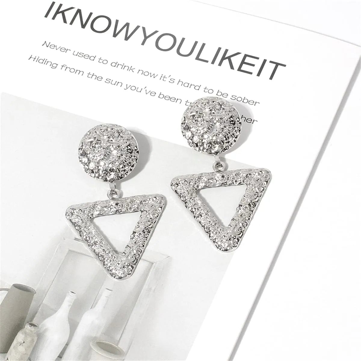 Silver-Plated Textured Open Triangle Drop Earrings