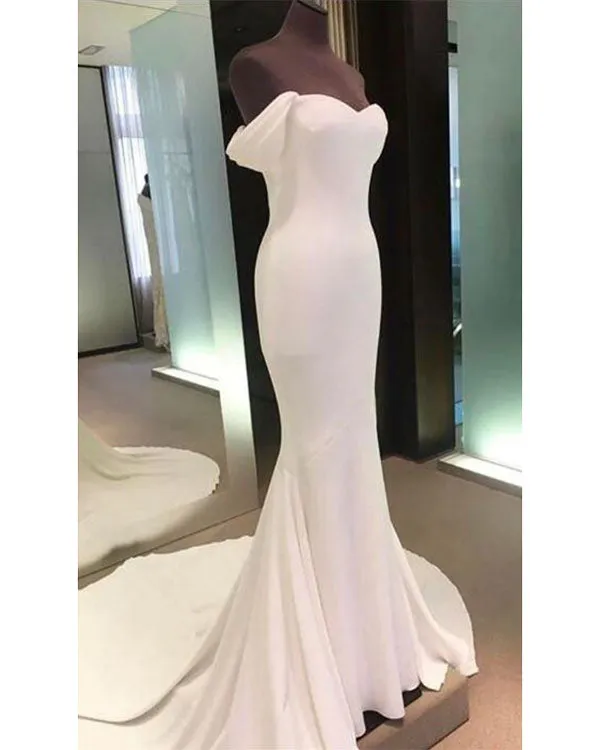 Simple 2018 Mermaid Wedding Dresses Off The Shoulder Sexy Wedding Gown with Chapel Train