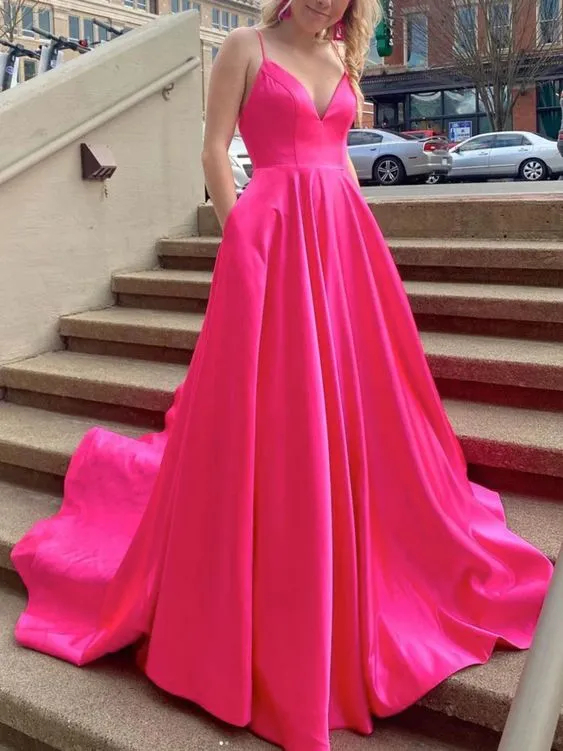 Simple Fuchsia Evening Dresss Long V Neck Satin Prom Dress with Pock