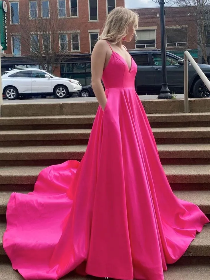 Simple Fuchsia Evening Dresss Long V Neck Satin Prom Dress with Pock