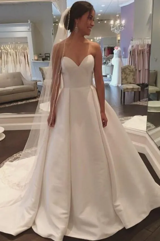 Simple Satin Wedding Dresses Sweetheart Chapel Train Sexy A-line Bridal Gowns 2019