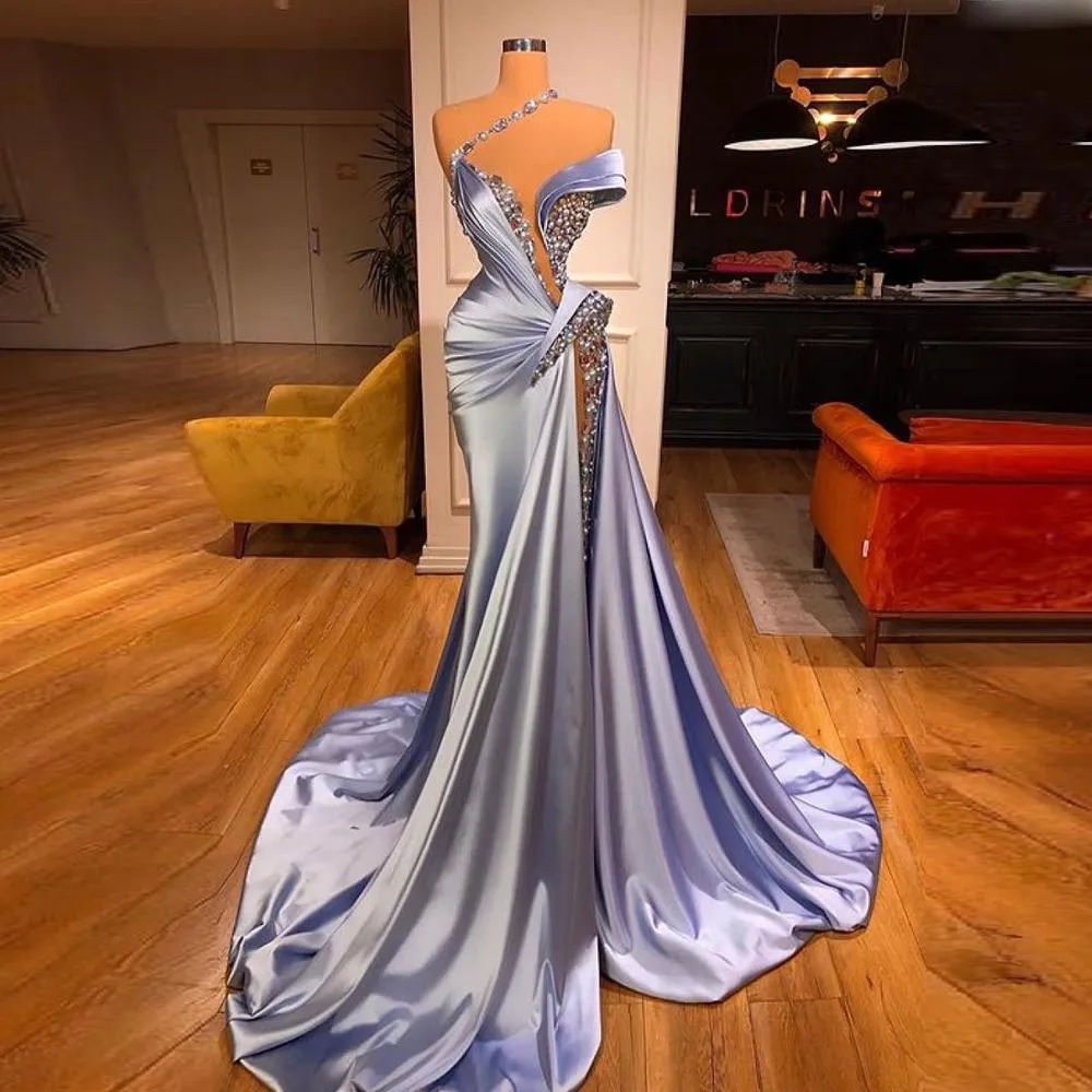 Sky Blue Ruffles Beaded Robe De Soiree Dress