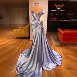 Sky Blue Ruffles Beaded Robe De Soiree Dress