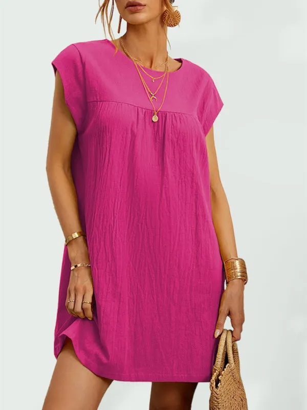 Sleeveless Cotton Linen Mini Dress with Round Neck