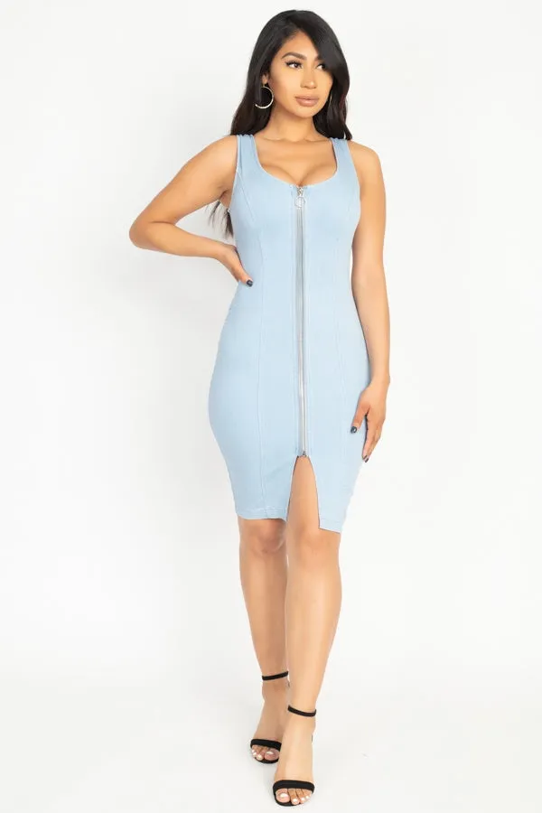 Sleeveless V Neck Double Zipper Dress