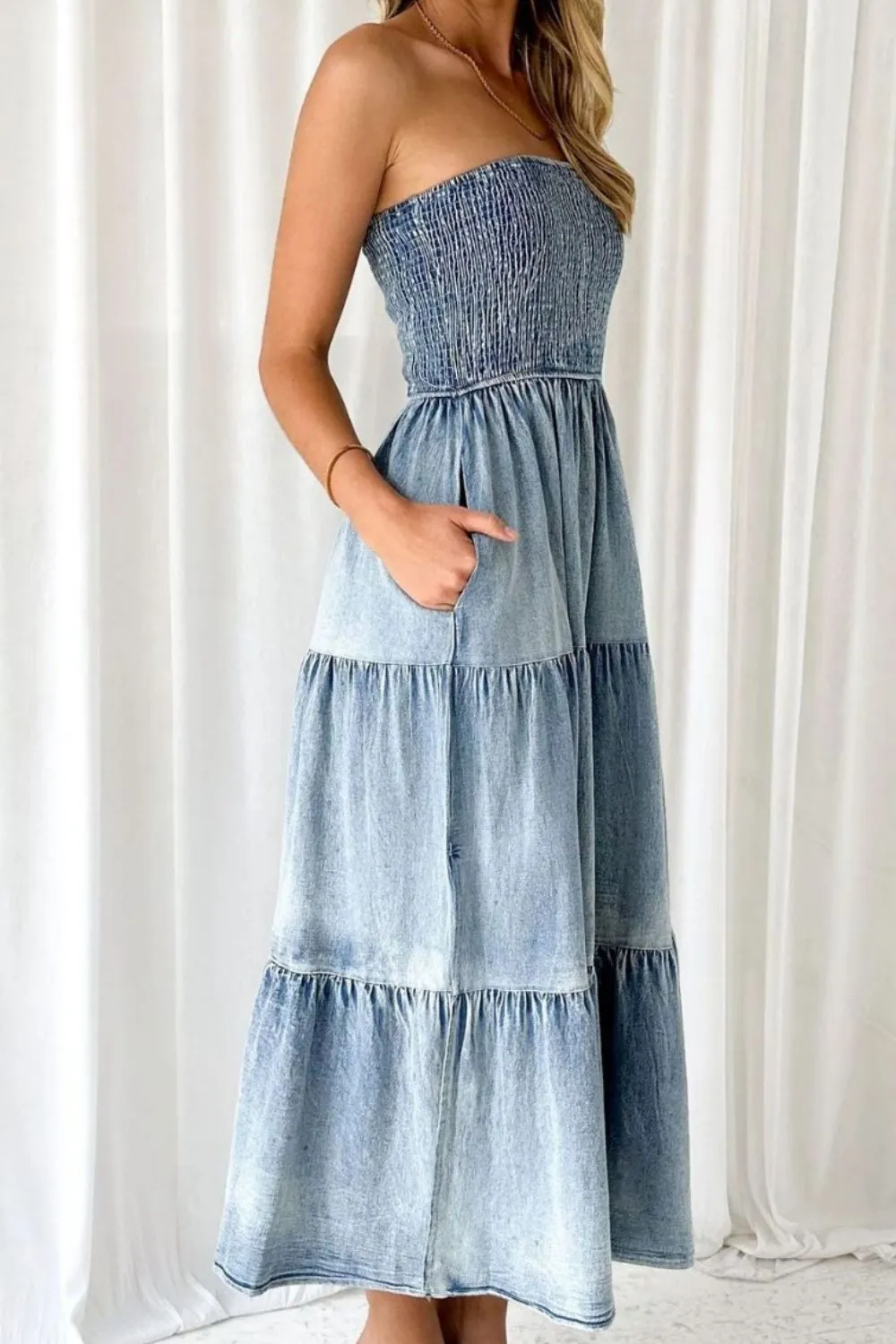 Smocked Tube Slit Tiered Denim Dress S-XL