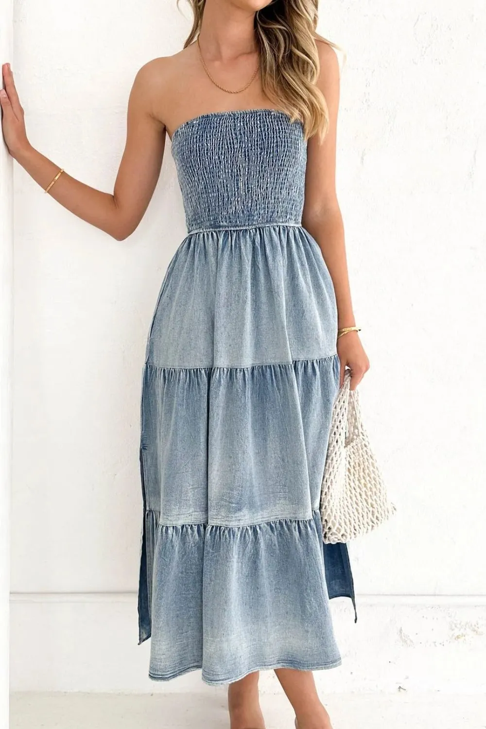 Smocked Tube Slit Tiered Denim Dress S-XL