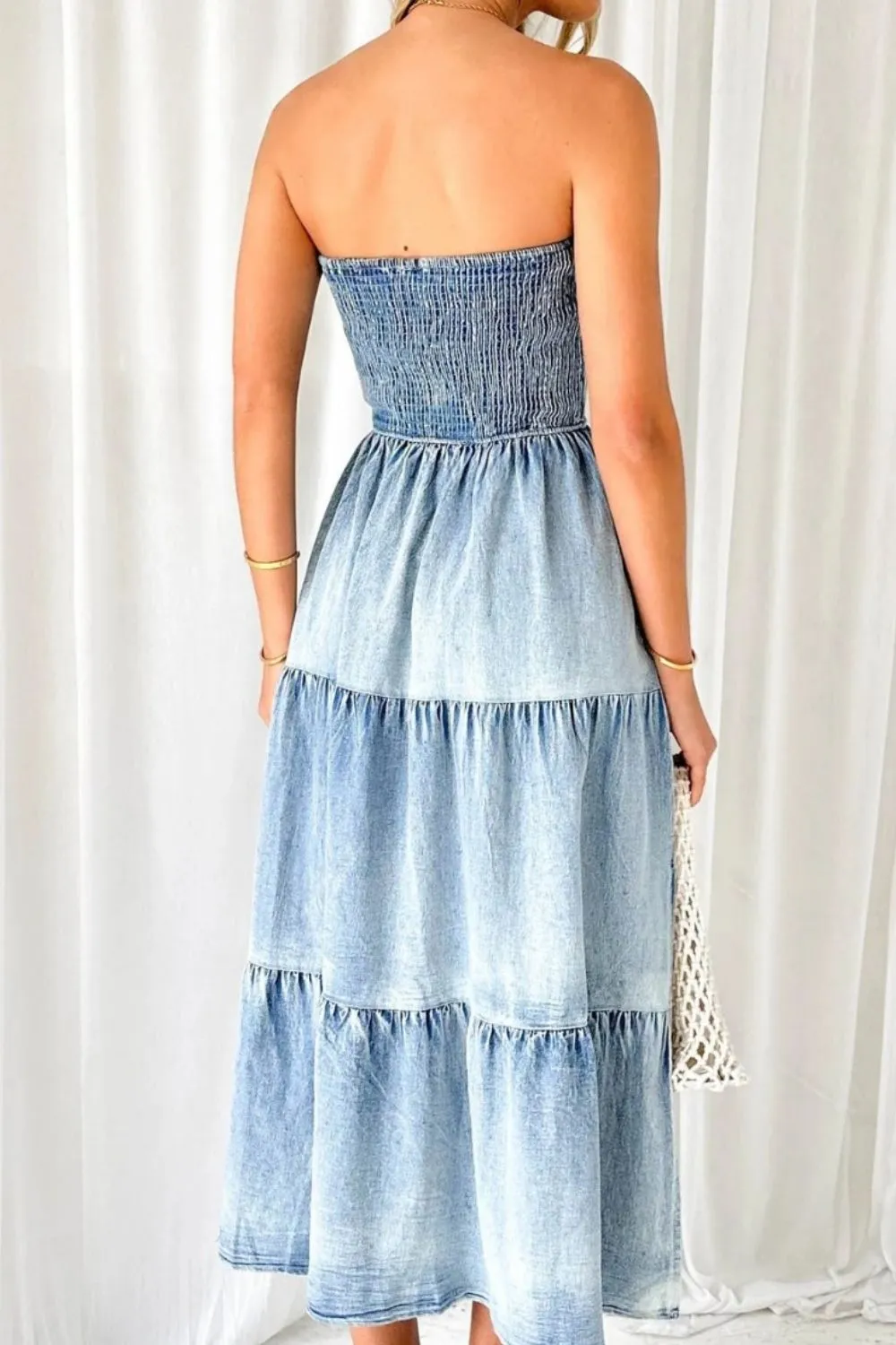 Smocked Tube Slit Tiered Denim Dress S-XL