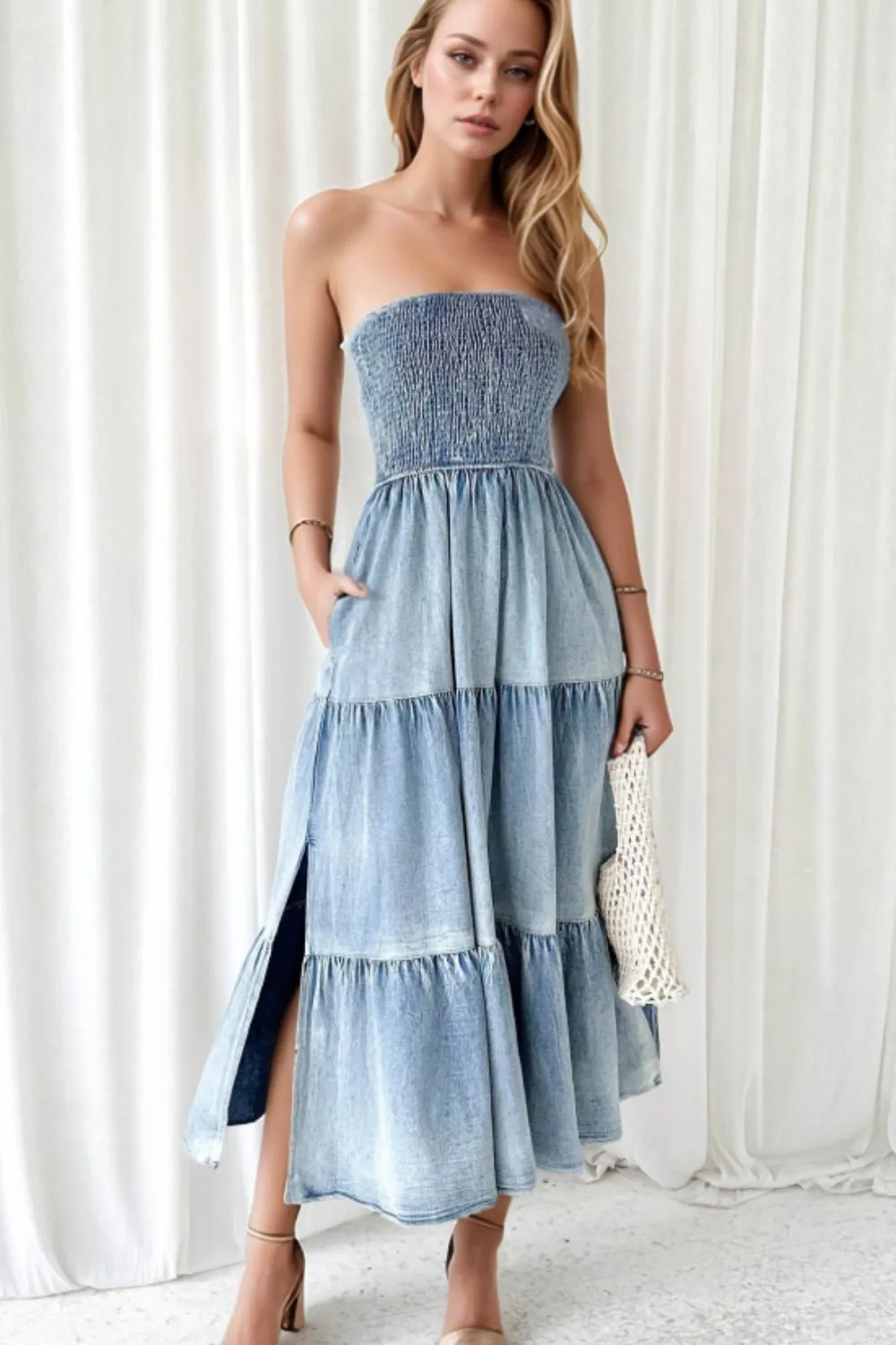 Smocked Tube Slit Tiered Denim Dress S-XL