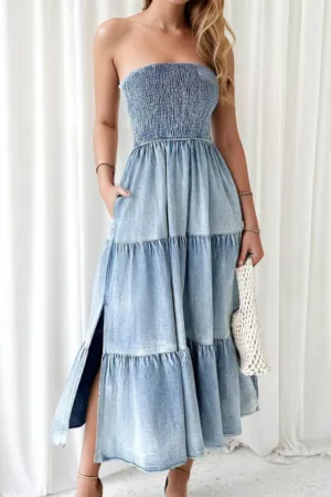 Smocked Tube Slit Tiered Denim Dress S-XL