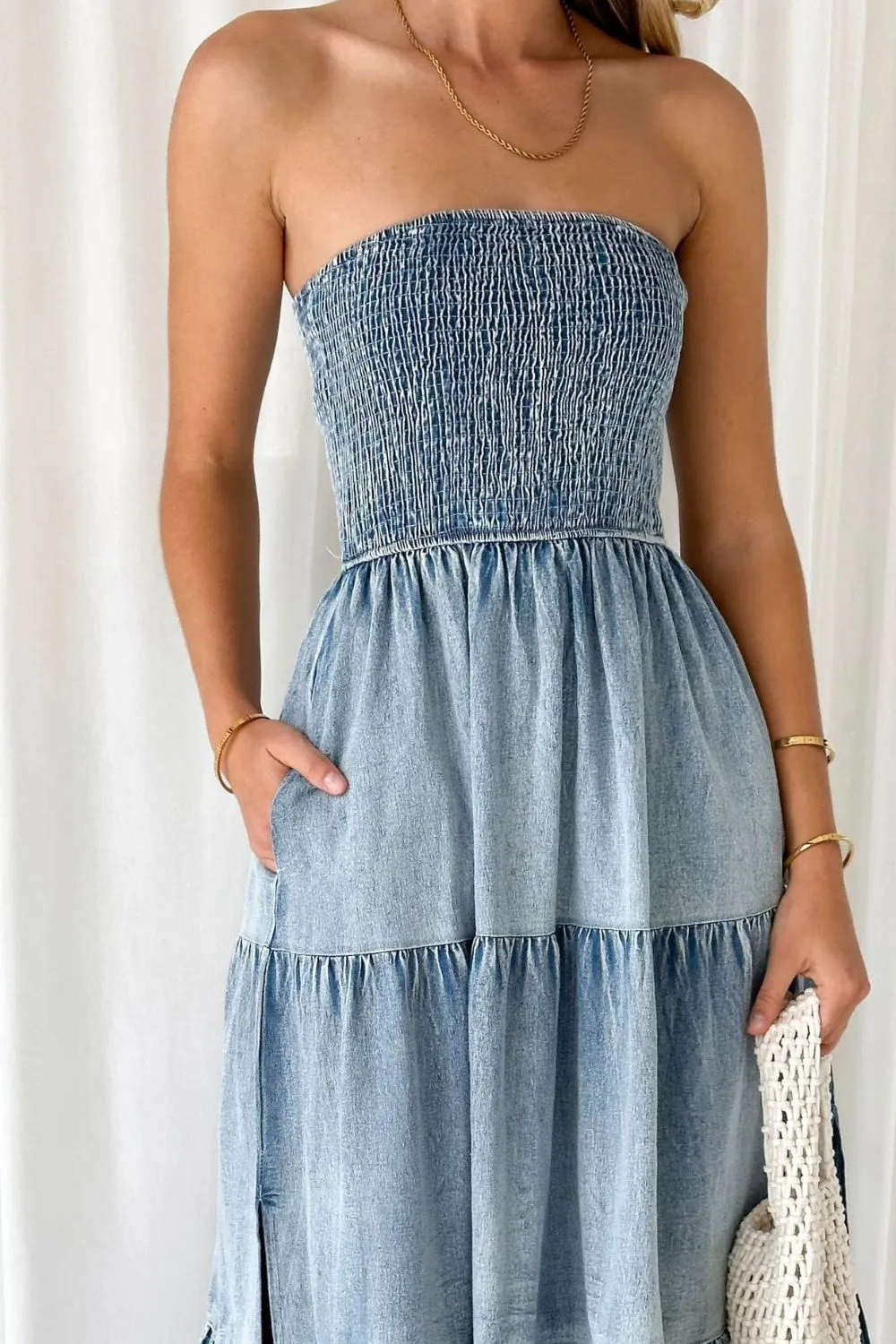 Smocked Tube Slit Tiered Denim Dress S-XL