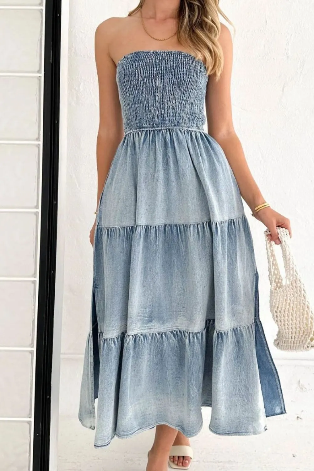 Smocked Tube Slit Tiered Denim Dress S-XL