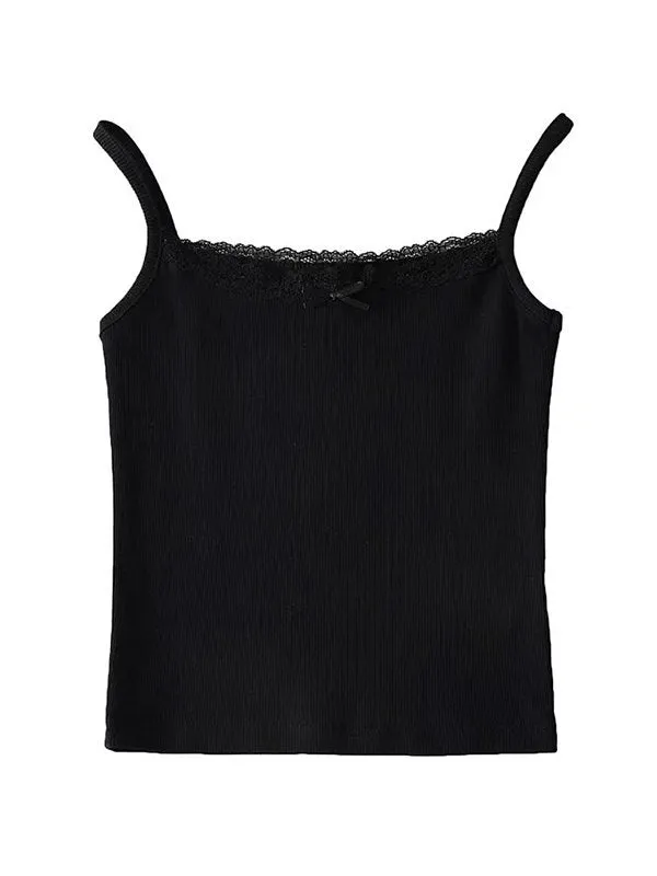 Solid Y2k Lace Trim Crop Cami Top