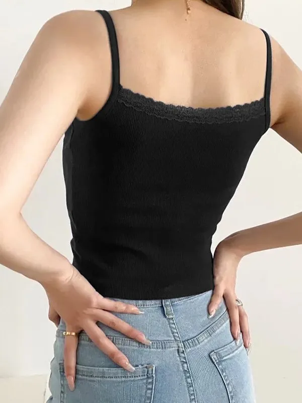 Solid Y2k Lace Trim Crop Cami Top