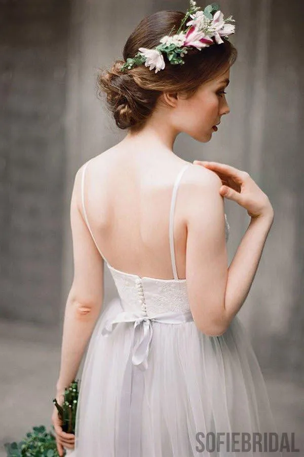 Spaghetti Lace Top Light Grey A-line Simple Design Wedding Dresses, Beach Wedding Dresses, WD0224
