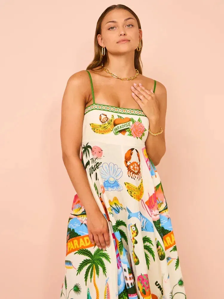 Spaghetti Strap Long Beach Dress Printed Backless Sleeveless Drawstring Elegant Dress Holiday Casual Vacation Dresses