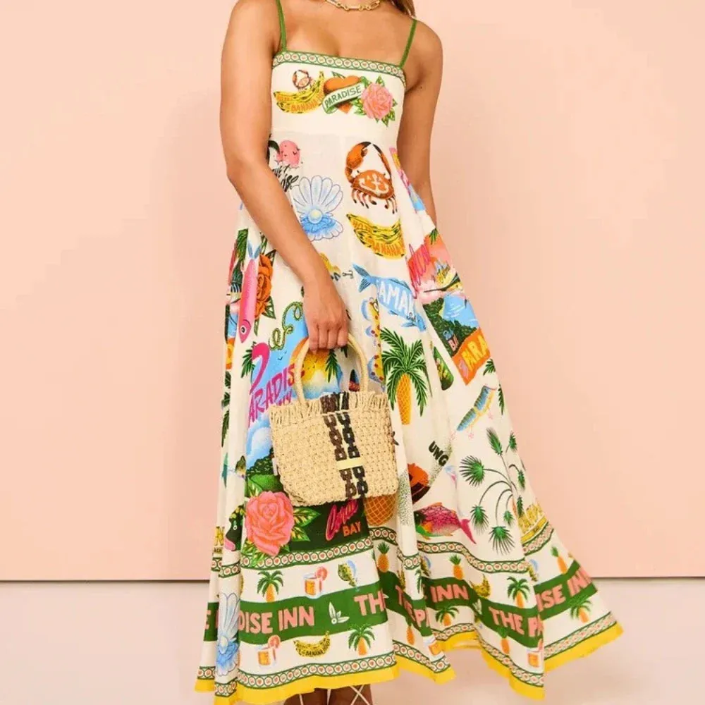 Spaghetti Strap Long Beach Dress Printed Backless Sleeveless Drawstring Elegant Dress Holiday Casual Vacation Dresses