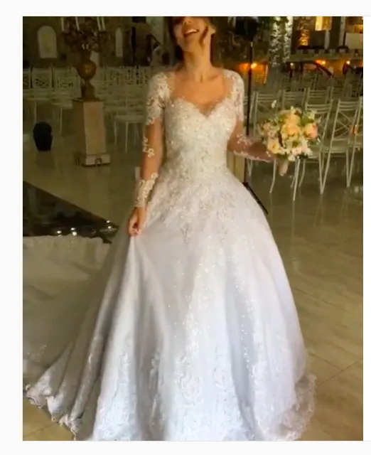 Sparkly 2019 Lace Wedding Dresses Sheer Long Sleeve Appliques Sexy Bridal Gowns