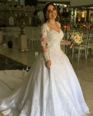 Sparkly 2019 Lace Wedding Dresses Sheer Long Sleeve Appliques Sexy Bridal Gowns