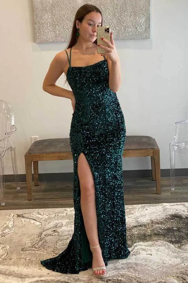 Sparkly Sheath Fuchsia Sequins Prom Dresses With Side Slit, Evening Dresses, SP818