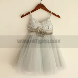 Sparkly Spaghetti Strap V- Neck Light Gray Tulle Flower Girl Dresses With Handmade Flower Sash, TYP0809
