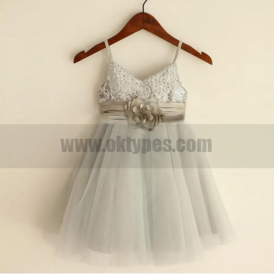 Sparkly Spaghetti Strap V- Neck Light Gray Tulle Flower Girl Dresses With Handmade Flower Sash, TYP0809
