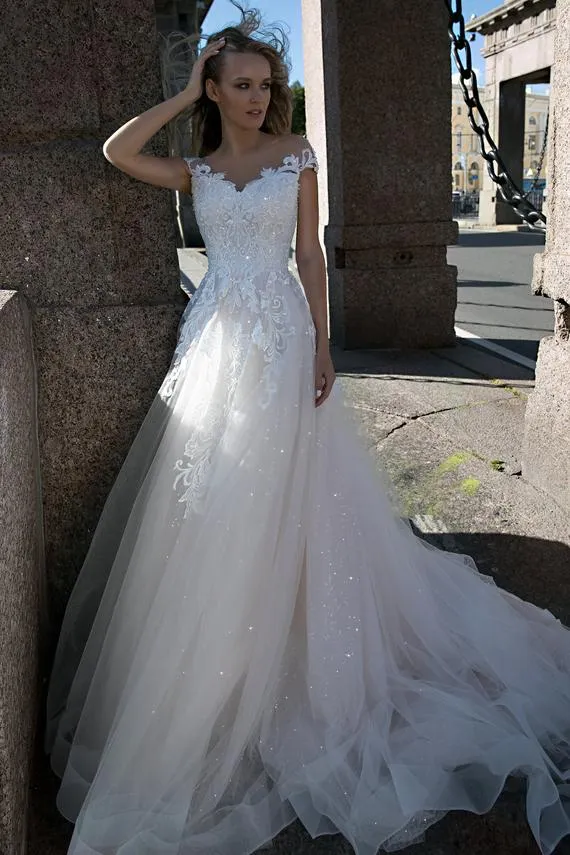 Sparkly Tulle Lace Wedding Dresses Beach Summer 2019 Cap Sleeve Bridal Gowns Backless