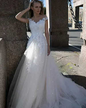 Sparkly Tulle Lace Wedding Dresses Beach Summer 2019 Cap Sleeve Bridal Gowns Backless