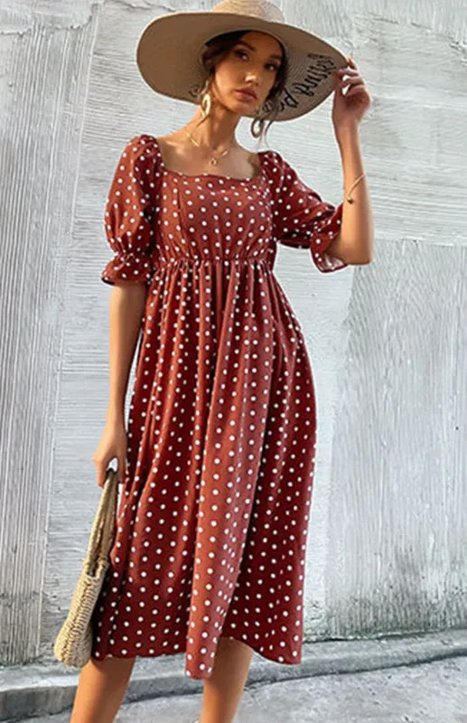 Square Neck Midi Dress with Ruffle Sleeves and Polka Dots