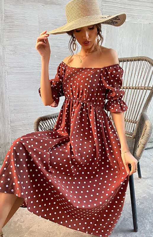 Square Neck Midi Dress with Ruffle Sleeves and Polka Dots