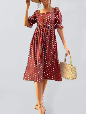 Square Neck Midi Dress with Ruffle Sleeves and Polka Dots