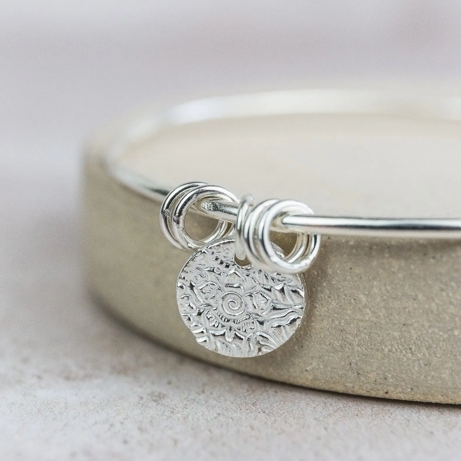 Sterling Silver Textured Circle Charm Bangle