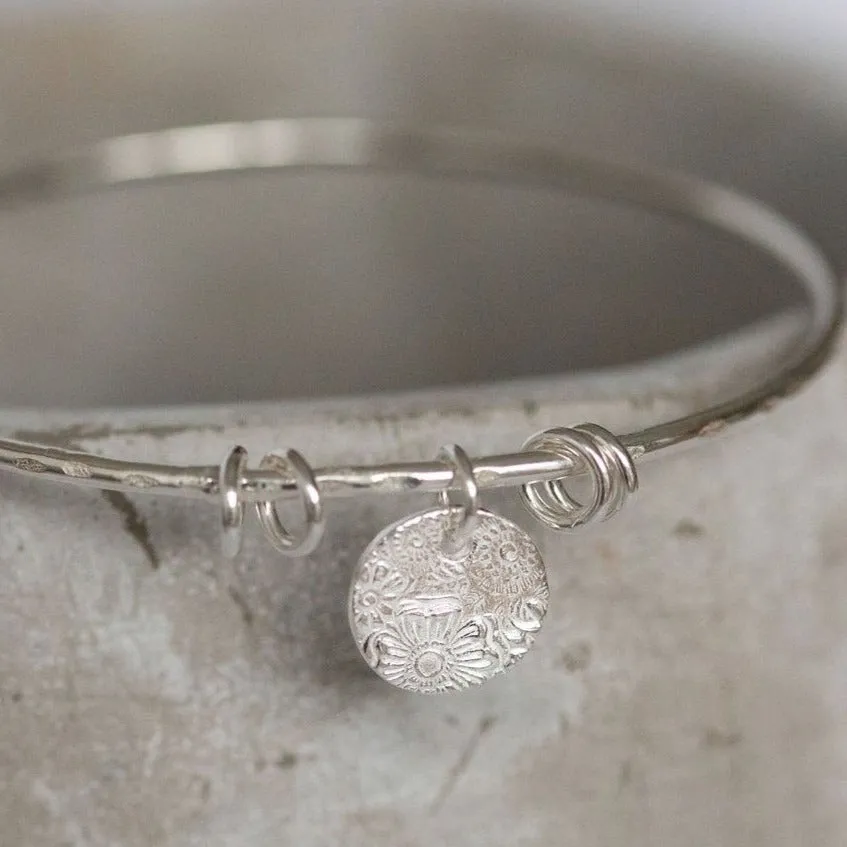 Sterling Silver Textured Circle Charm Bangle