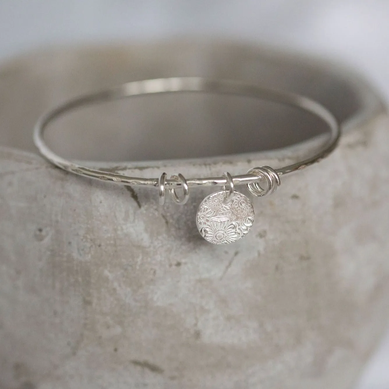 Sterling Silver Textured Circle Charm Bangle