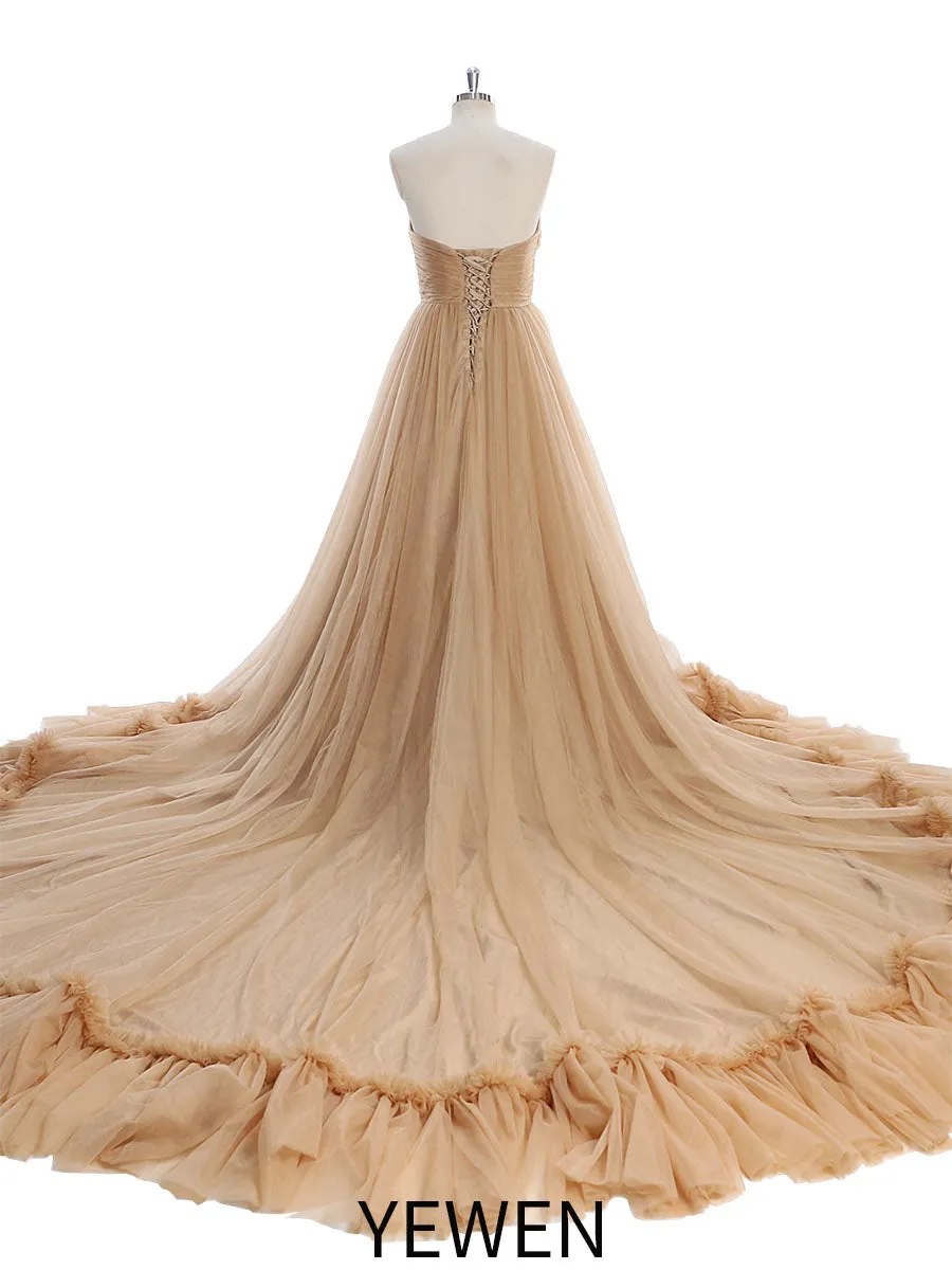 Strapless Elegant Colorful Wedding Dresses Ruffled Tulle Photo Shoot Dress YW2301
