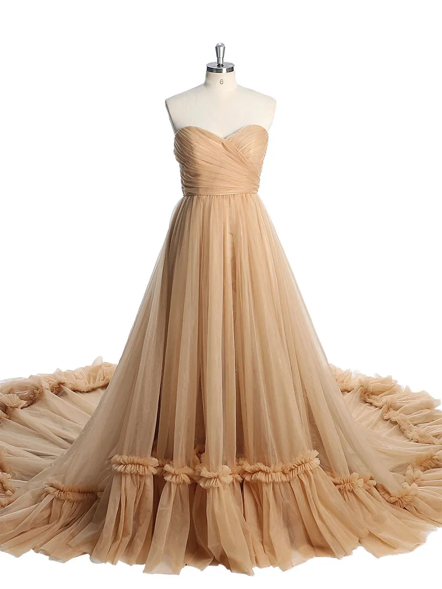 Strapless Elegant Colorful Wedding Dresses Ruffled Tulle Photo Shoot Dress YW2301