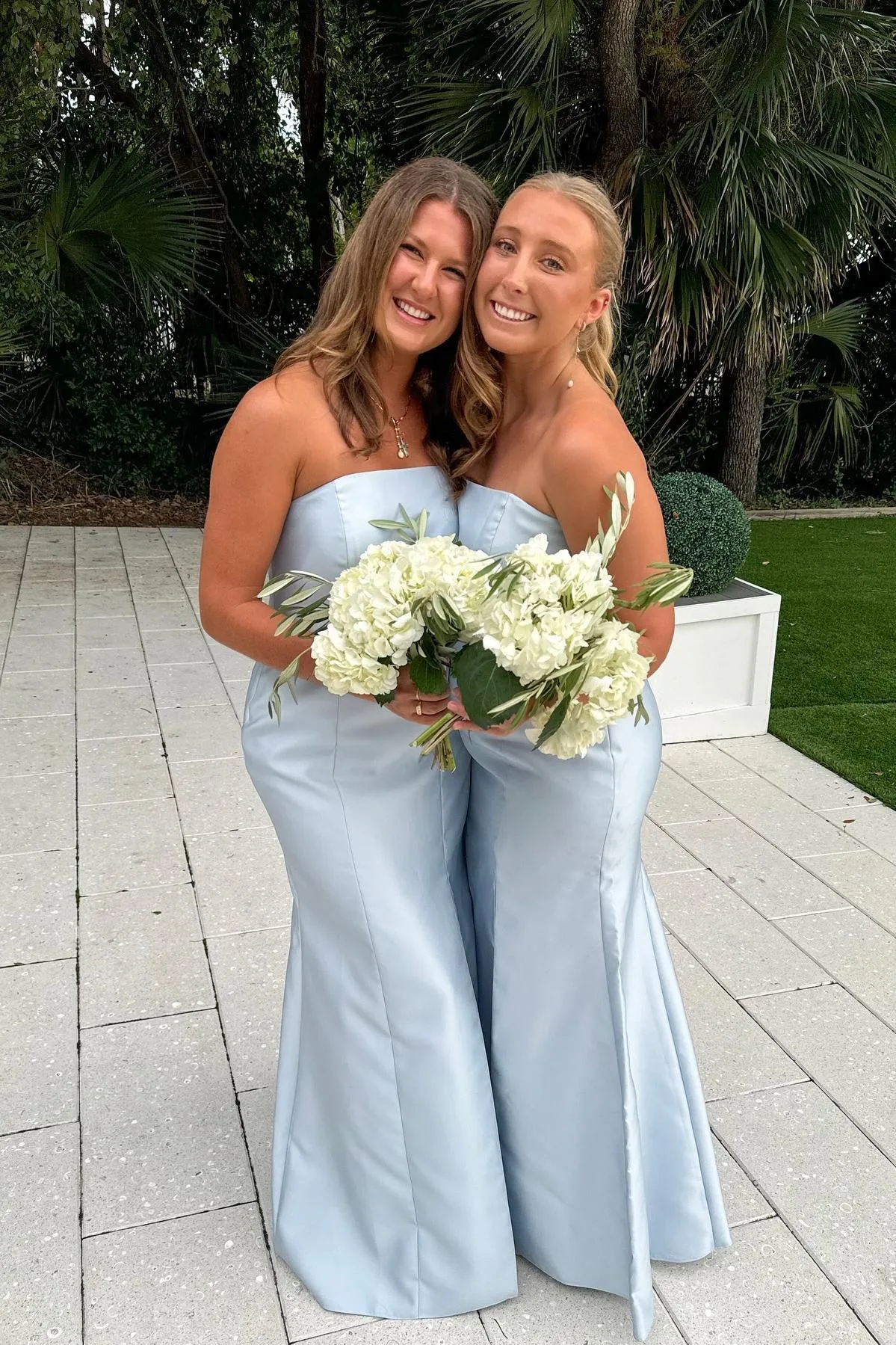 Strapless Light Blue Satin Sheath Long Party Dress
