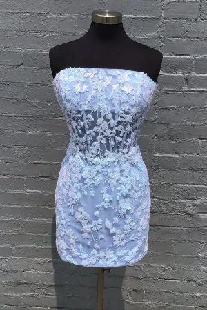 Strapless Light Blue Sequin Floral Tulle Tight Dress