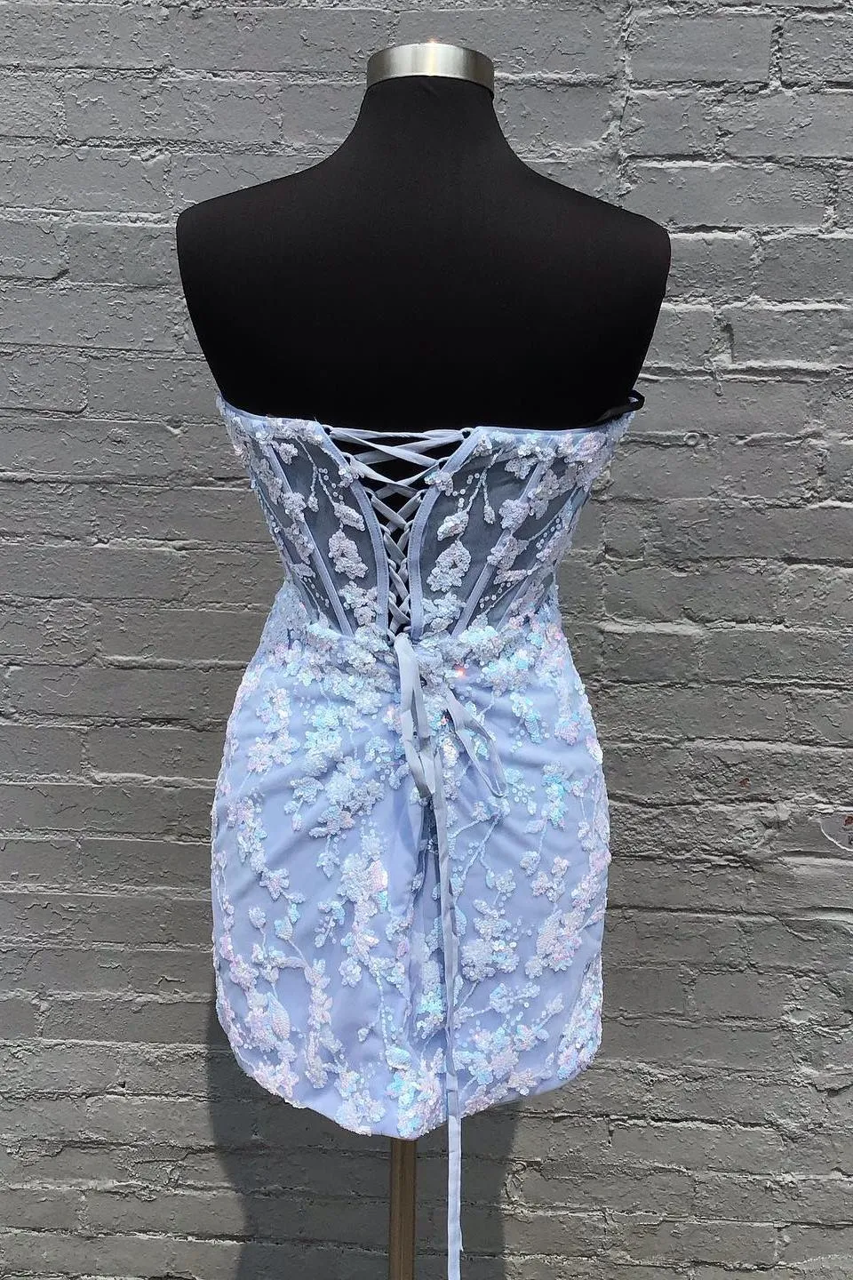 Strapless Light Blue Sequin Floral Tulle Tight Dress